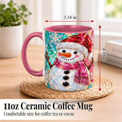 #pl[11oz|Pink] Stained Glass Snowman Coffee Mug, Winter Holiday Mug, Ceramic Cup