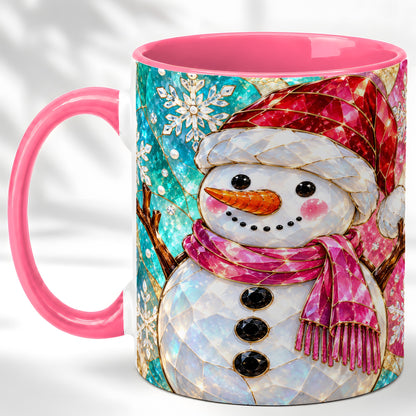 #pl[11oz|Pink] Stained Glass Snowman Coffee Mug, Winter Holiday Mug, Ceramic Cup