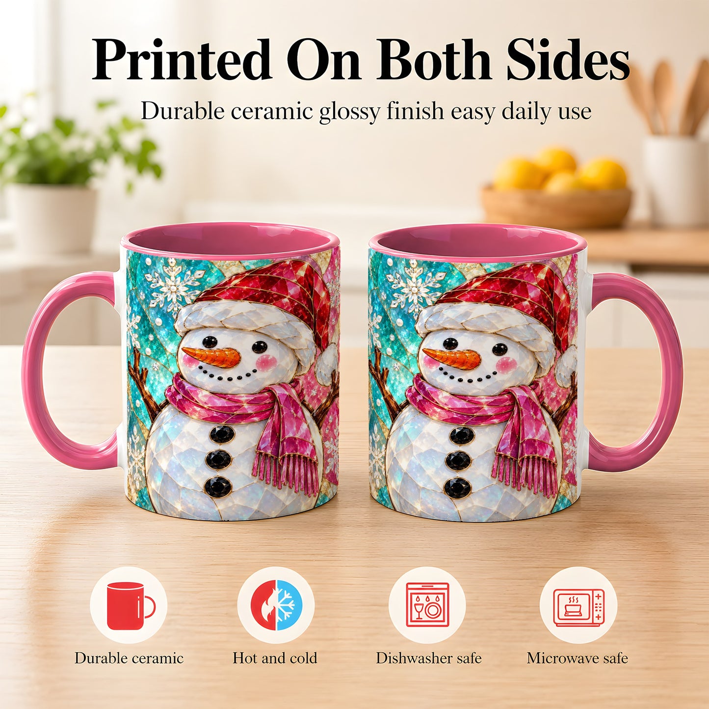 #pl[11oz|Pink] Stained Glass Snowman Coffee Mug, Winter Holiday Mug, Ceramic Cup