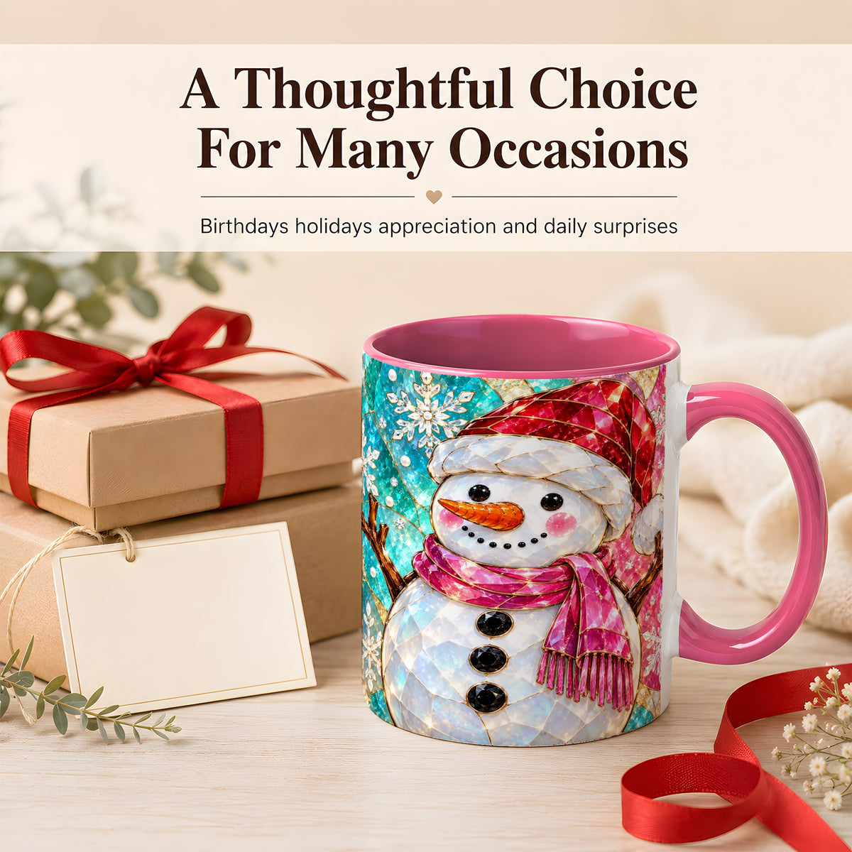 #pl[11oz|Pink] Stained Glass Snowman Coffee Mug, Winter Holiday Mug, Ceramic Cup