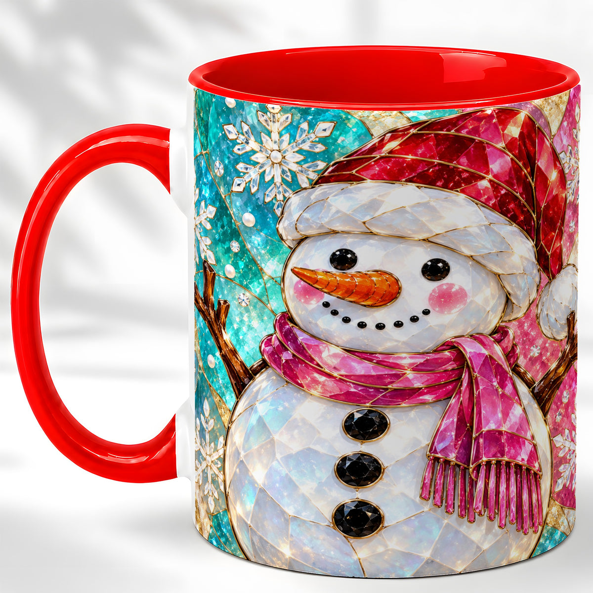 Stained Glass Snowman Coffee Mug, Winter Holiday Mug, Ceramic Cup