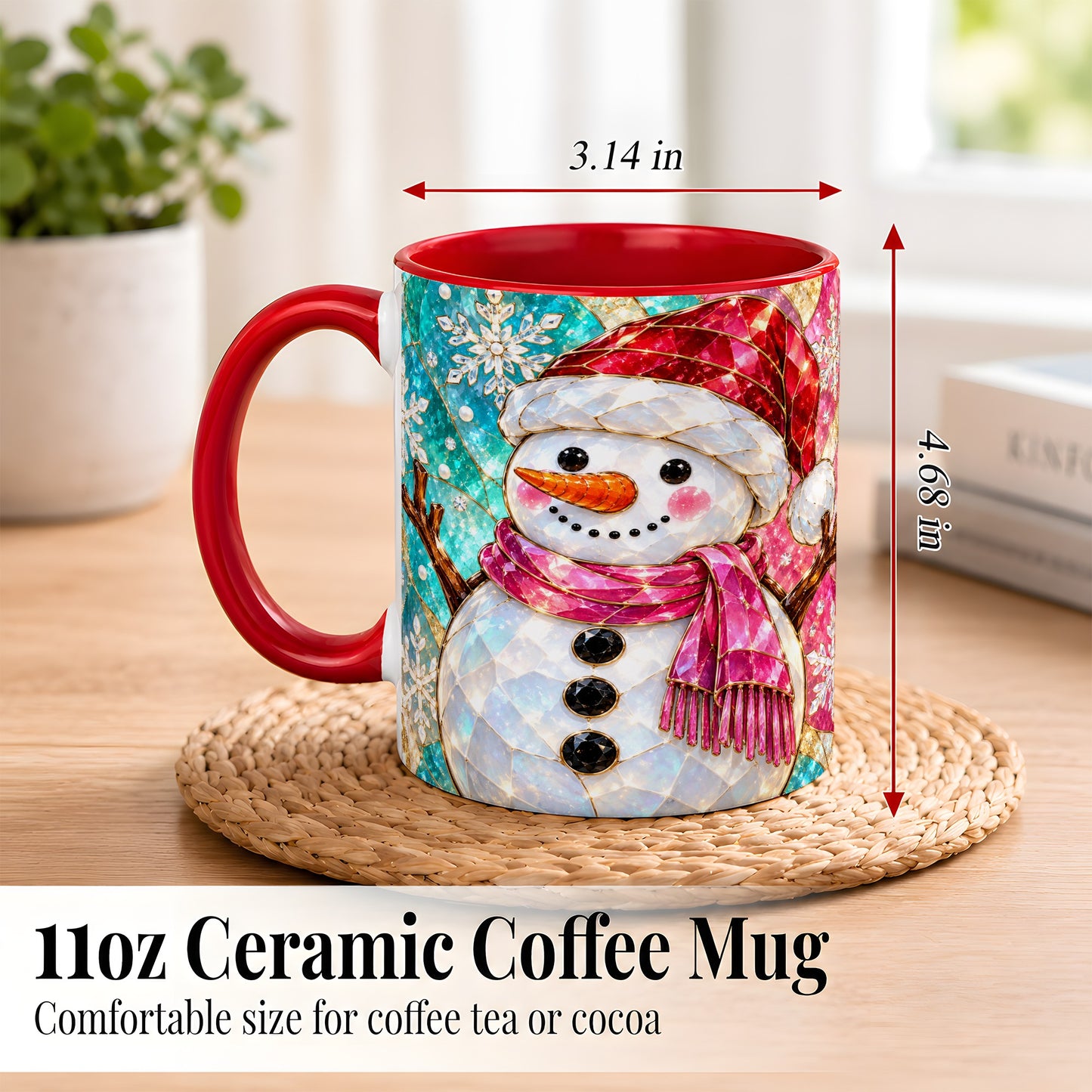 #pl[11oz|Red] Stained Glass Snowman Coffee Mug, Winter Holiday Mug, Ceramic Cup