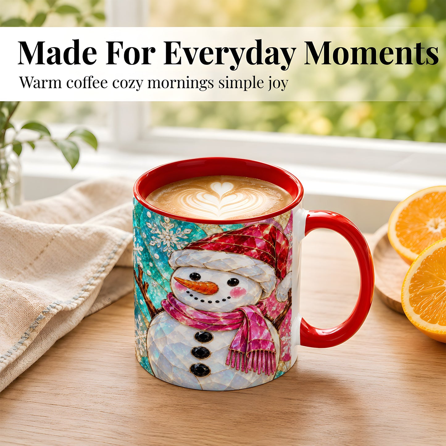 #pl[11oz|Red] Stained Glass Snowman Coffee Mug, Winter Holiday Mug, Ceramic Cup