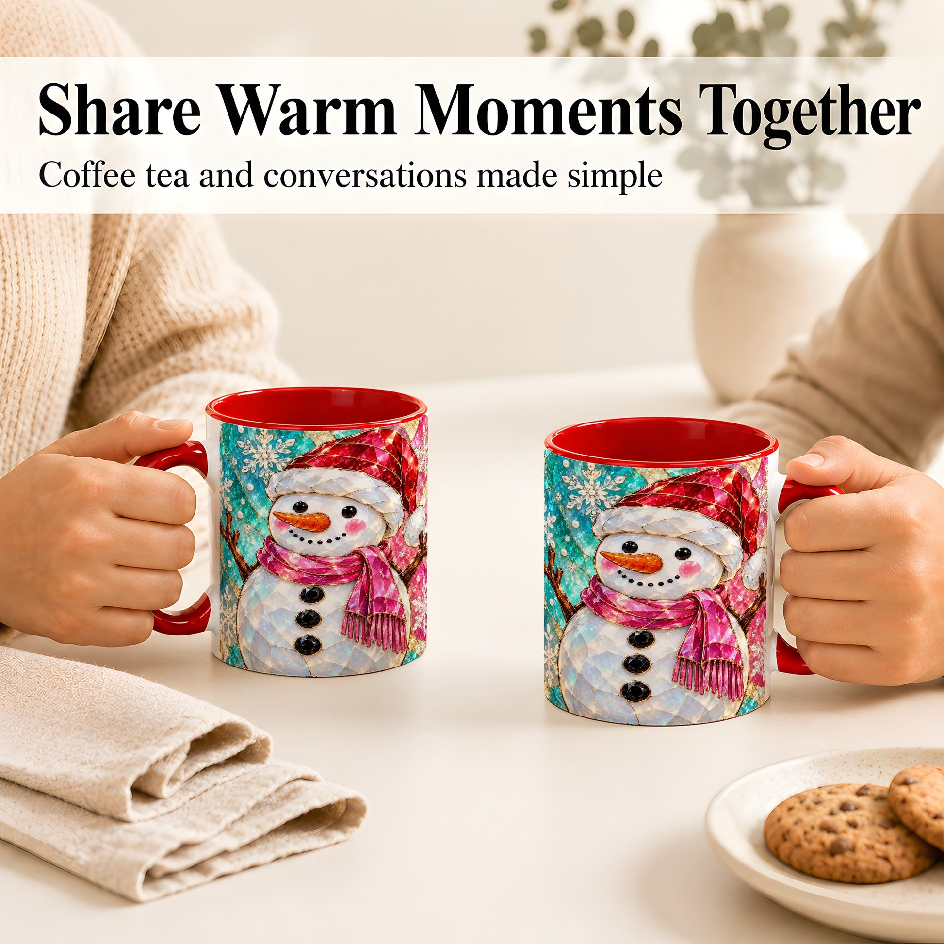 #pl[11oz|Red] Stained Glass Snowman Coffee Mug, Winter Holiday Mug, Ceramic Cup