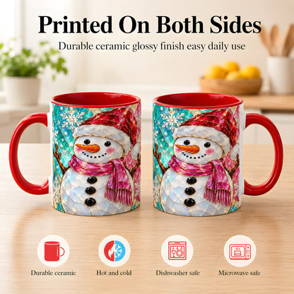 #pl[11oz|Red] Stained Glass Snowman Coffee Mug, Winter Holiday Mug, Ceramic Cup
