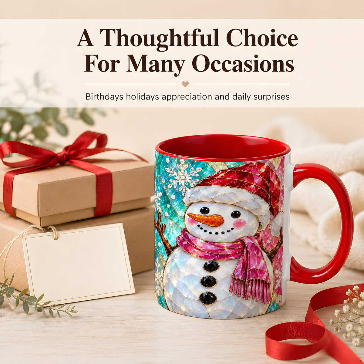 #pl[11oz|Red] Stained Glass Snowman Coffee Mug, Winter Holiday Mug, Ceramic Cup