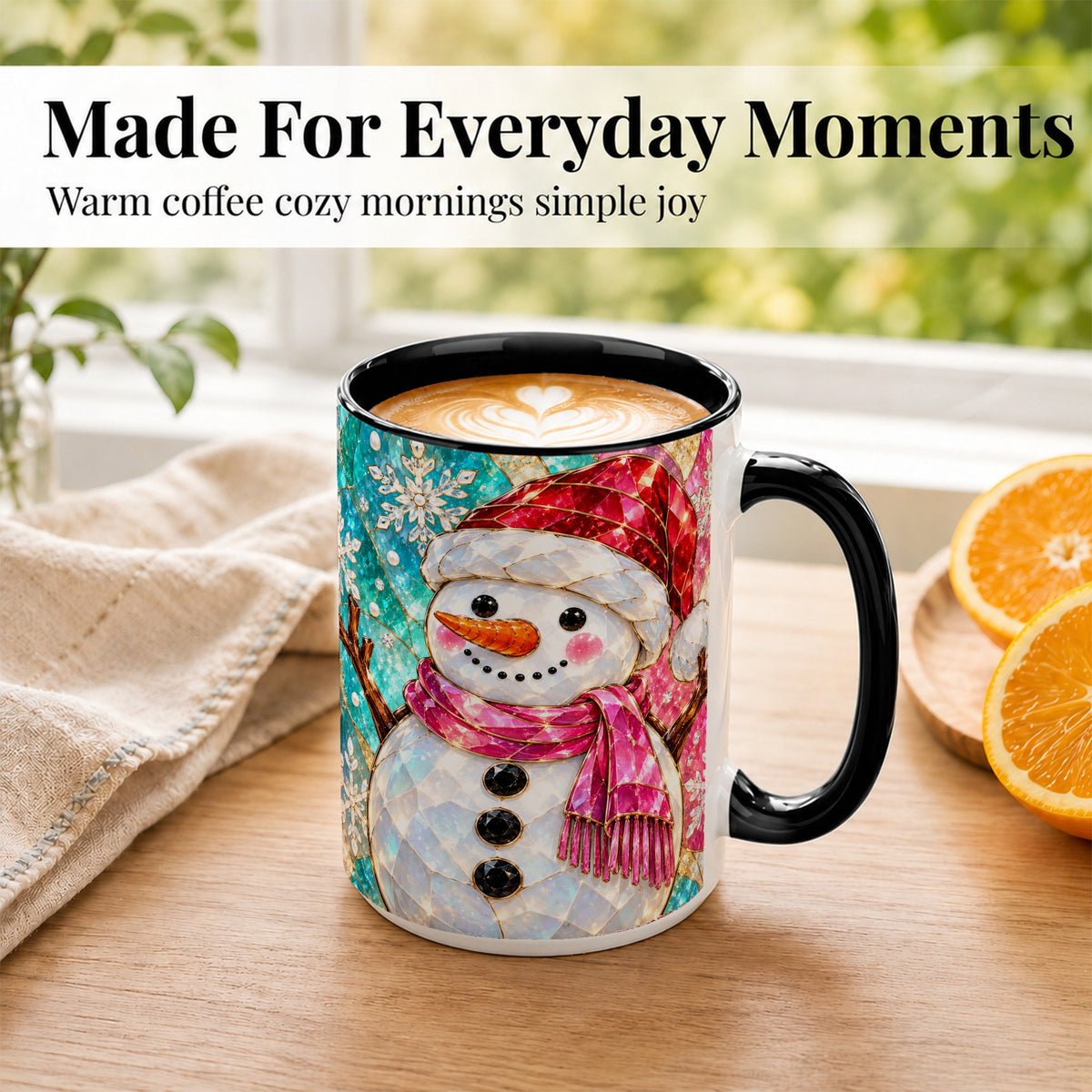 #pl[15oz|Black] Stained Glass Snowman Coffee Mug, Winter Holiday Mug, Ceramic Cup