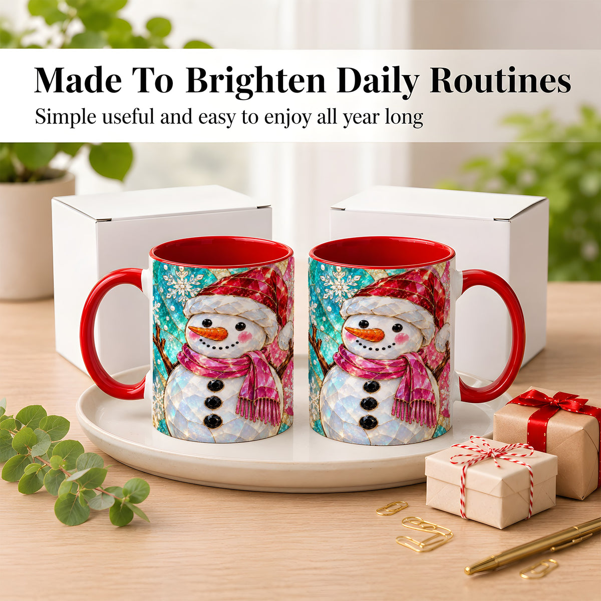 #pl[11oz|Red] Stained Glass Snowman Coffee Mug, Winter Holiday Mug, Ceramic Cup