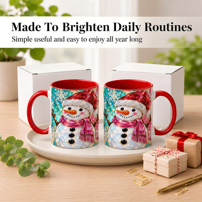 #pl[11oz|Red] Stained Glass Snowman Coffee Mug, Winter Holiday Mug, Ceramic Cup