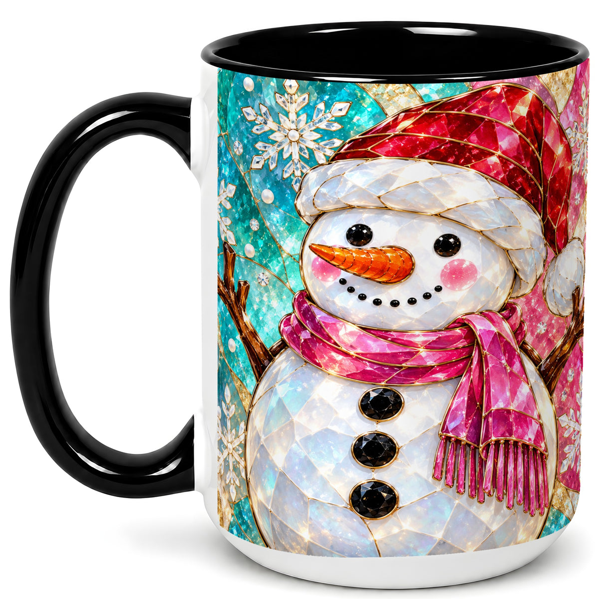 #pl[15oz|Black] Stained Glass Snowman Coffee Mug, Winter Holiday Mug, Ceramic Cup