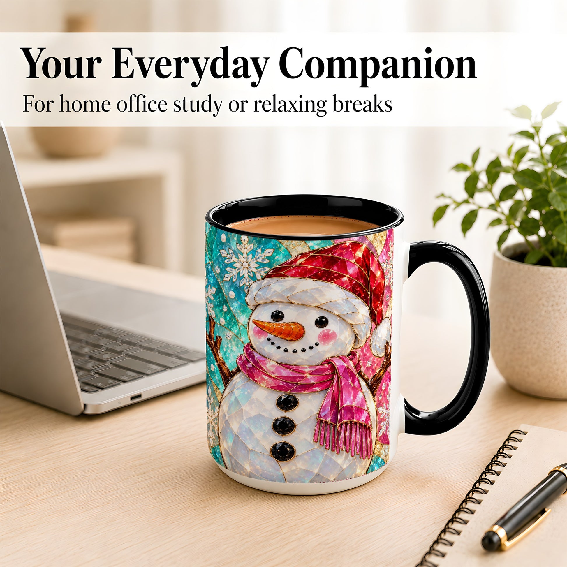 #pl[15oz|Black] Stained Glass Snowman Coffee Mug, Winter Holiday Mug, Ceramic Cup