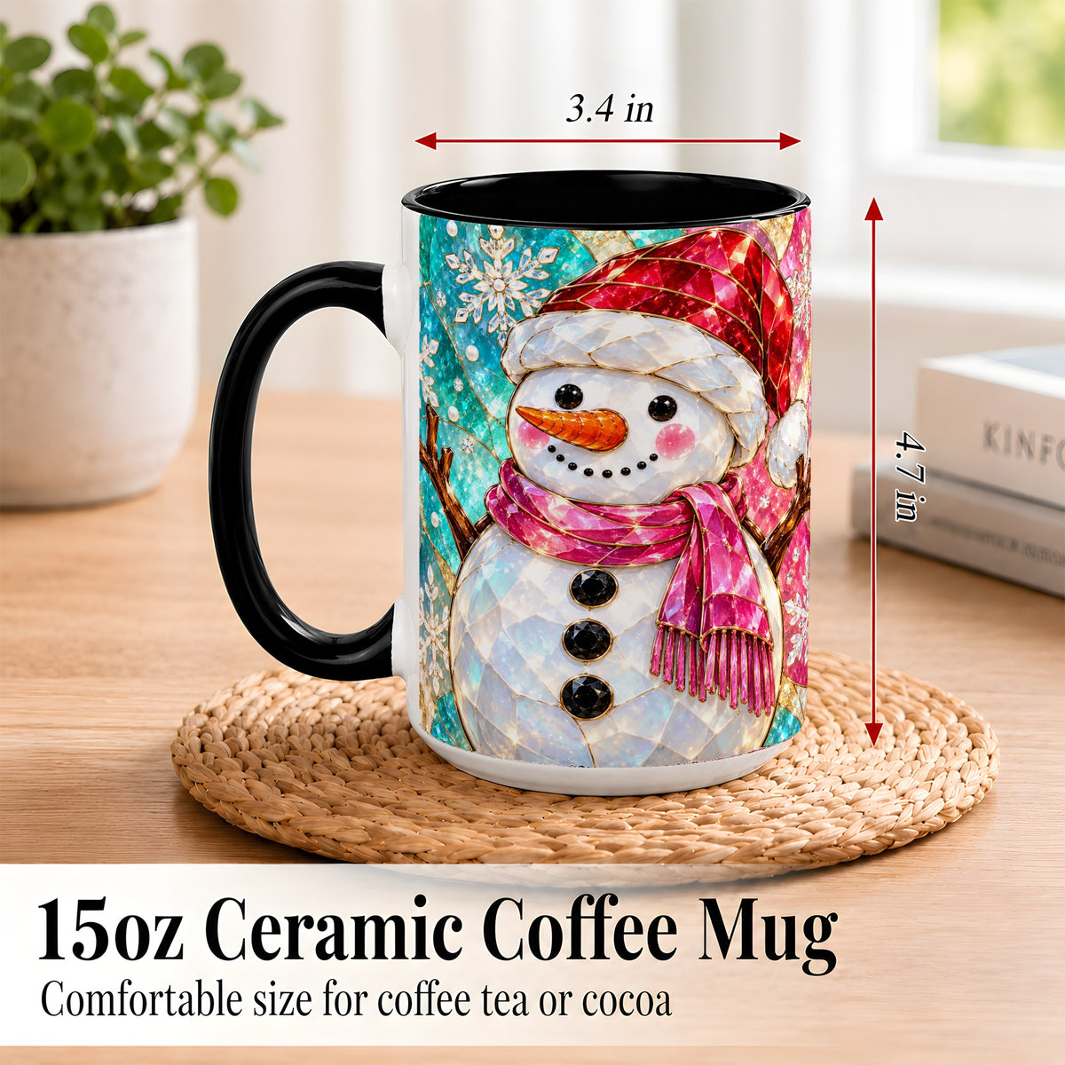 #pl[15oz|Black] Stained Glass Snowman Coffee Mug, Winter Holiday Mug, Ceramic Cup