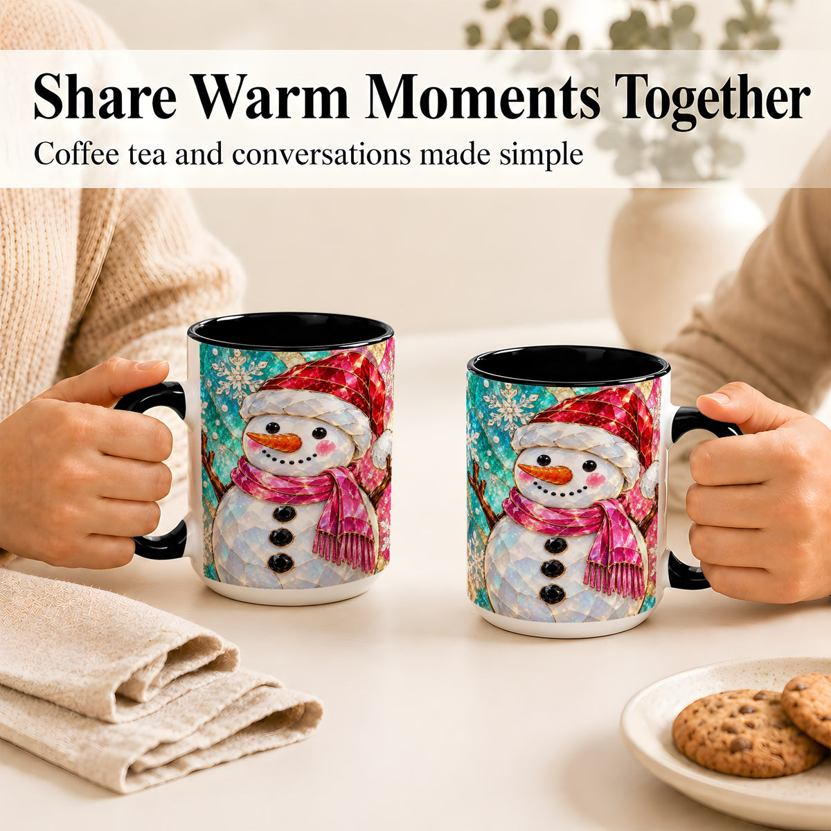 #pl[15oz|Black] Stained Glass Snowman Coffee Mug, Winter Holiday Mug, Ceramic Cup