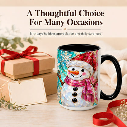 #pl[15oz|Black] Stained Glass Snowman Coffee Mug, Winter Holiday Mug, Ceramic Cup