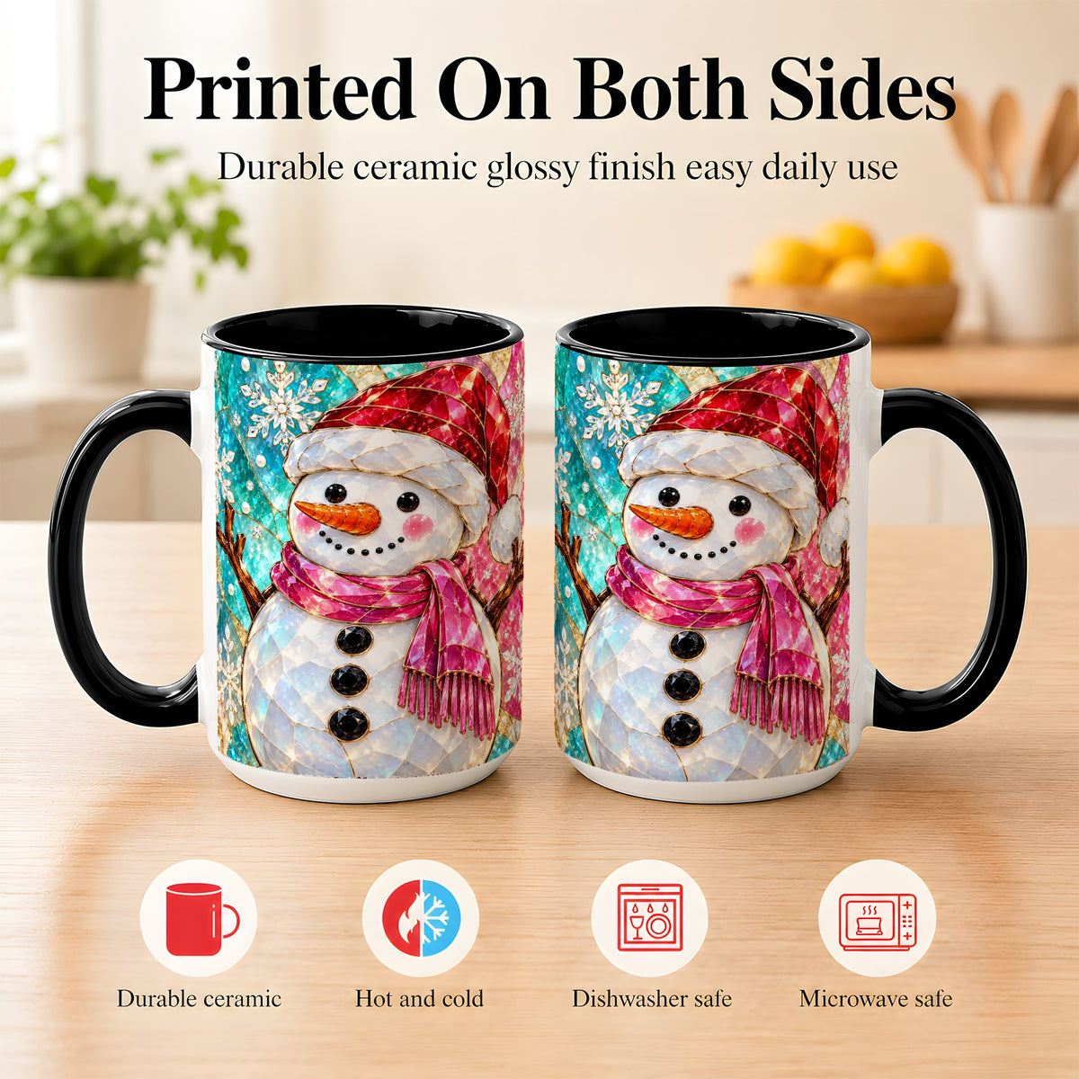 #pl[15oz|Black] Stained Glass Snowman Coffee Mug, Winter Holiday Mug, Ceramic Cup