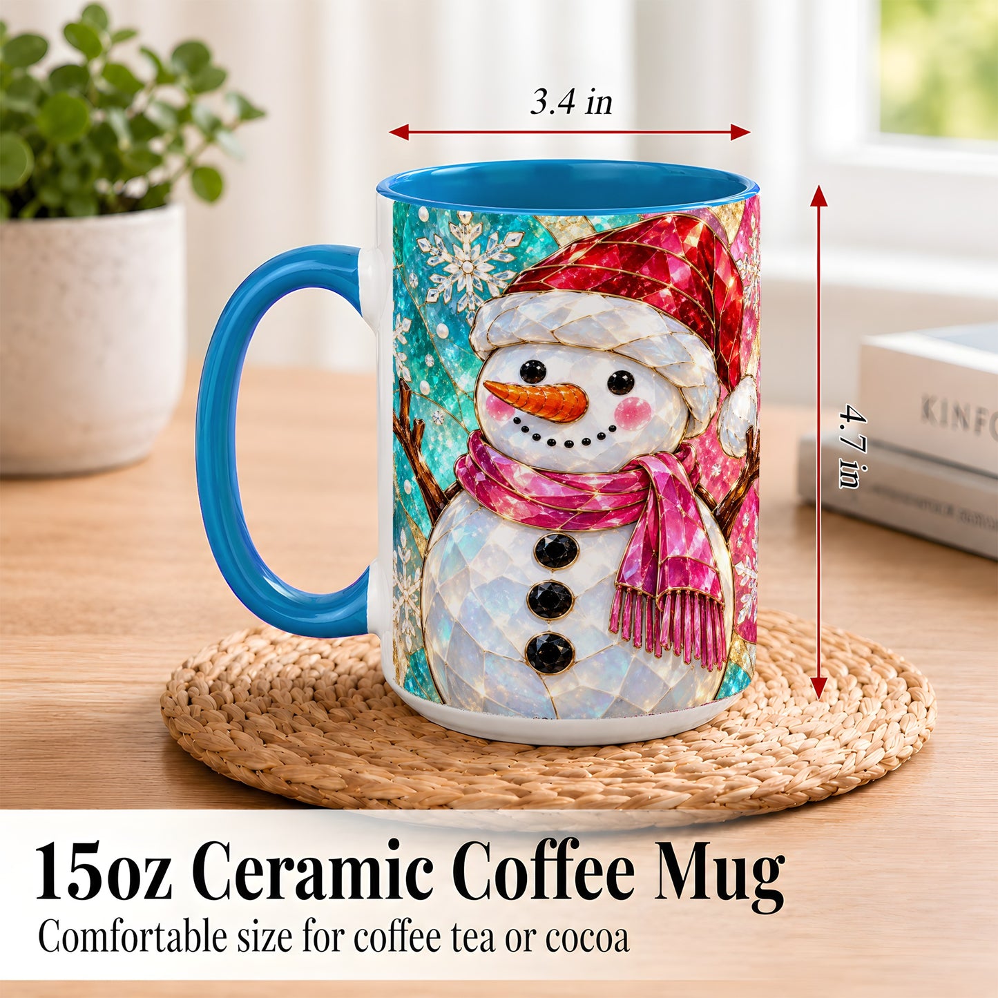 #pl[15oz|Blue] Stained Glass Snowman Coffee Mug, Winter Holiday Mug, Ceramic Cup
