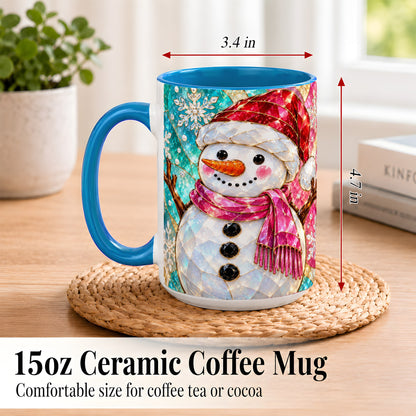 #pl[15oz|Blue] Stained Glass Snowman Coffee Mug, Winter Holiday Mug, Ceramic Cup