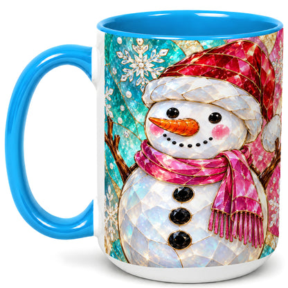 #pl[15oz|Blue] Stained Glass Snowman Coffee Mug, Winter Holiday Mug, Ceramic Cup