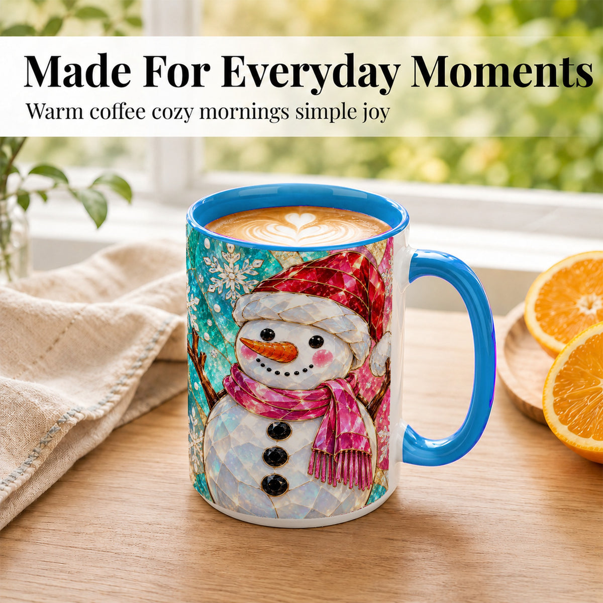 #pl[15oz|Blue] Stained Glass Snowman Coffee Mug, Winter Holiday Mug, Ceramic Cup