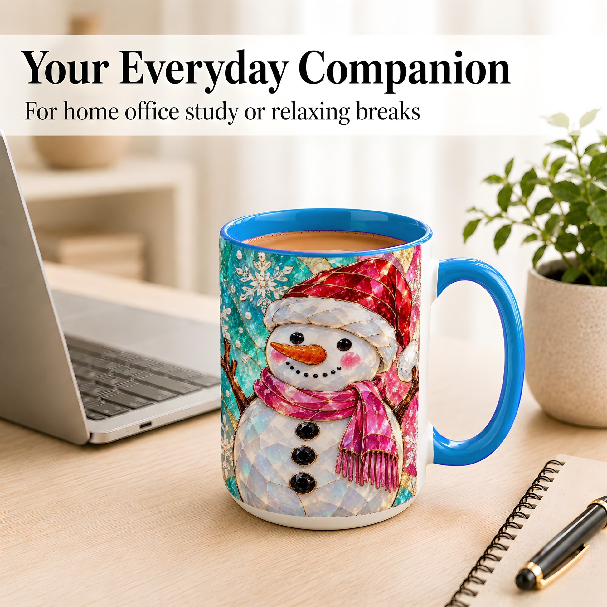 #pl[15oz|Blue] Stained Glass Snowman Coffee Mug, Winter Holiday Mug, Ceramic Cup