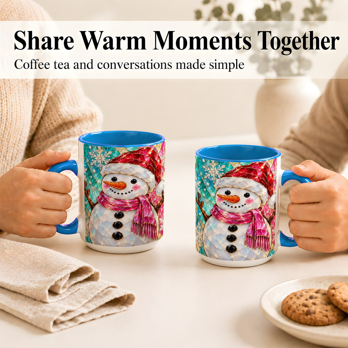 #pl[15oz|Blue] Stained Glass Snowman Coffee Mug, Winter Holiday Mug, Ceramic Cup
