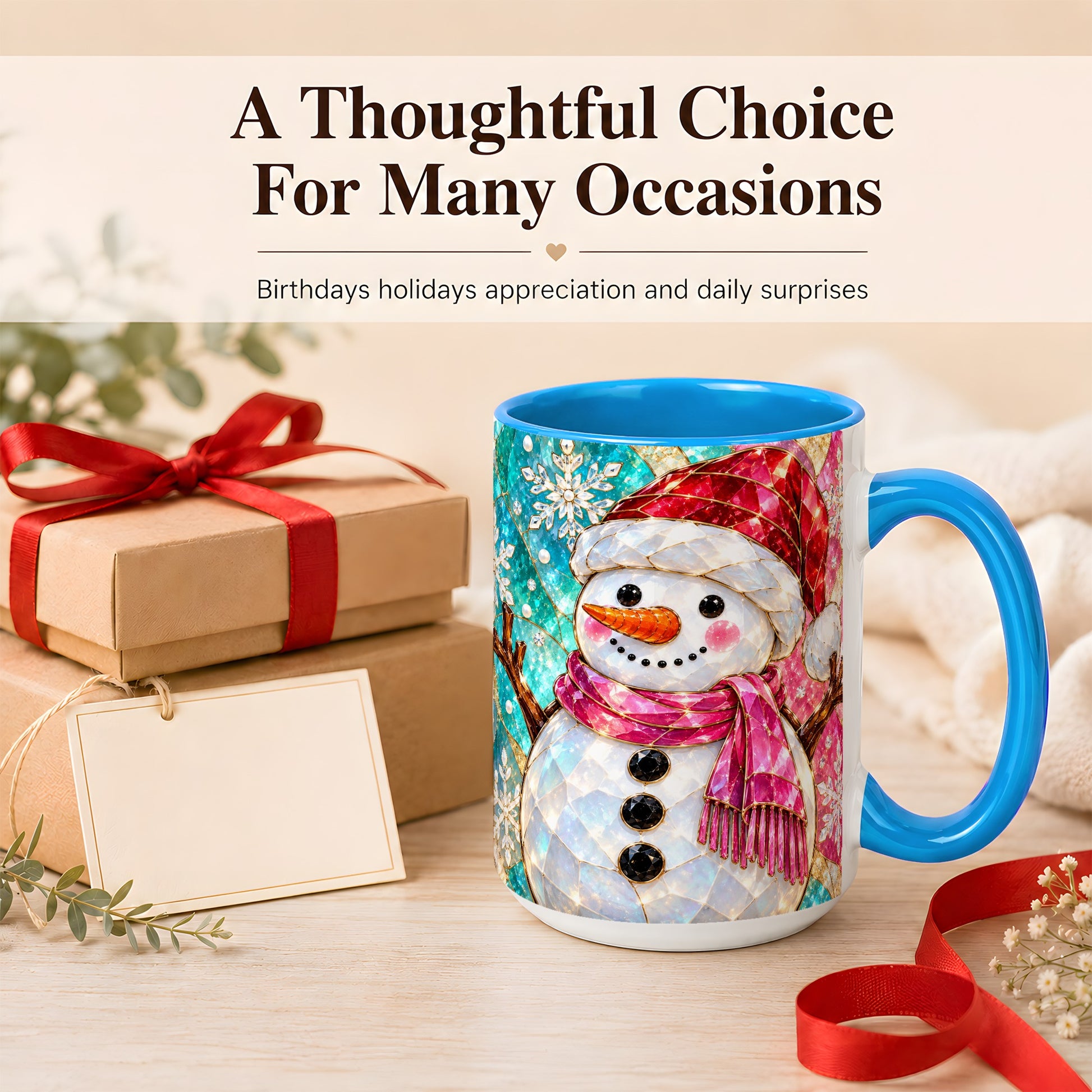#pl[15oz|Blue] Stained Glass Snowman Coffee Mug, Winter Holiday Mug, Ceramic Cup