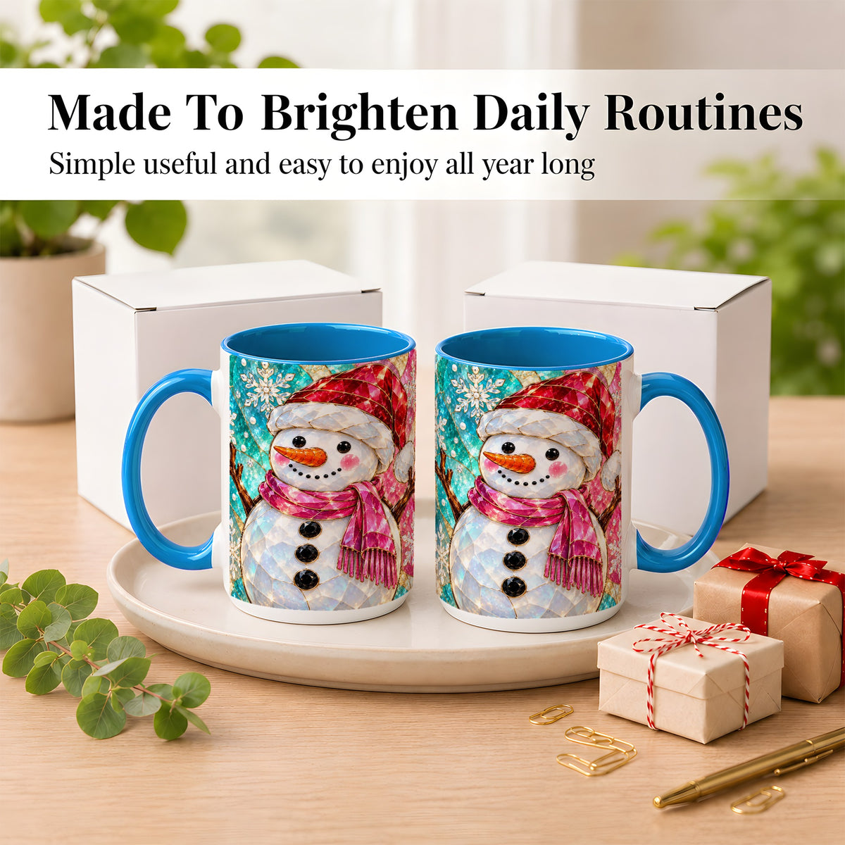 #pl[15oz|Blue] Stained Glass Snowman Coffee Mug, Winter Holiday Mug, Ceramic Cup