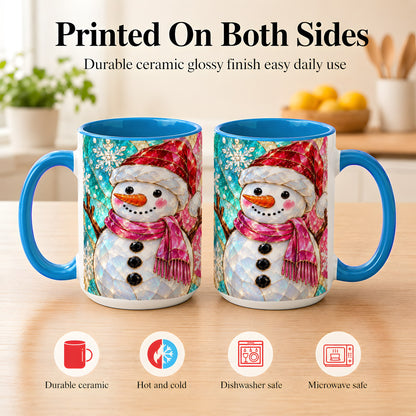#pl[15oz|Blue] Stained Glass Snowman Coffee Mug, Winter Holiday Mug, Ceramic Cup