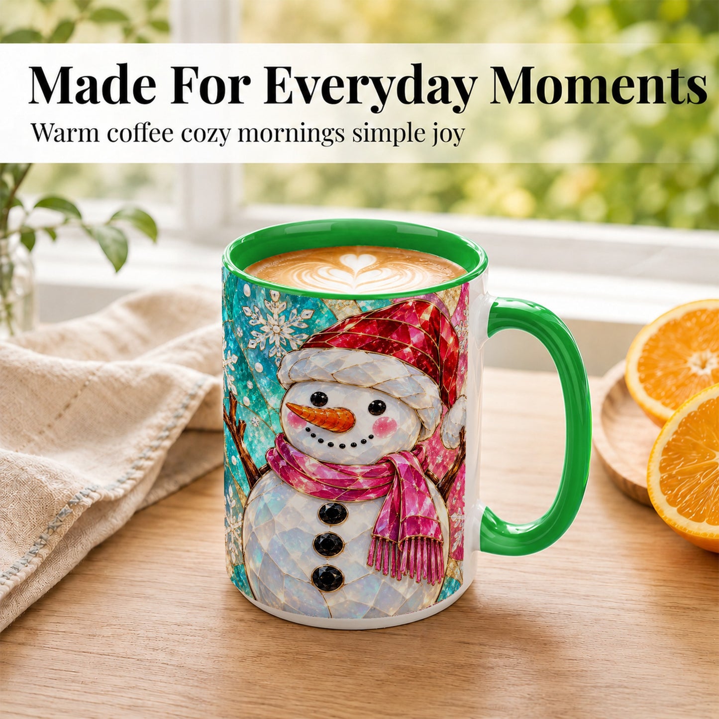 #pl[15oz|Green] Stained Glass Snowman Coffee Mug, Winter Holiday Mug, Ceramic Cup