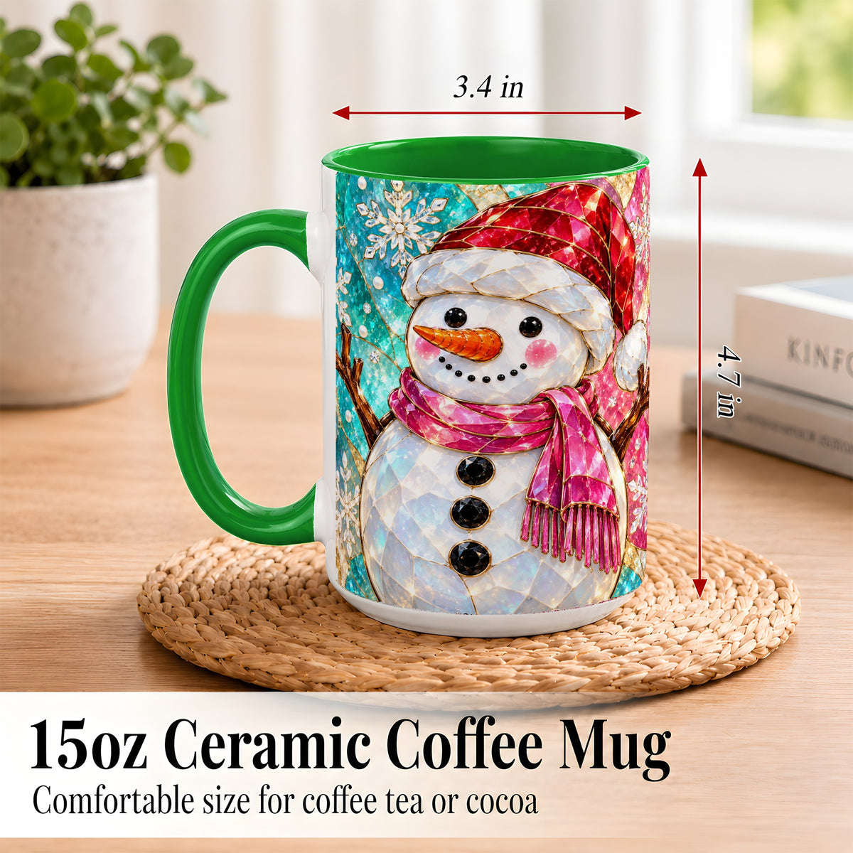 #pl[15oz|Green] Stained Glass Snowman Coffee Mug, Winter Holiday Mug, Ceramic Cup