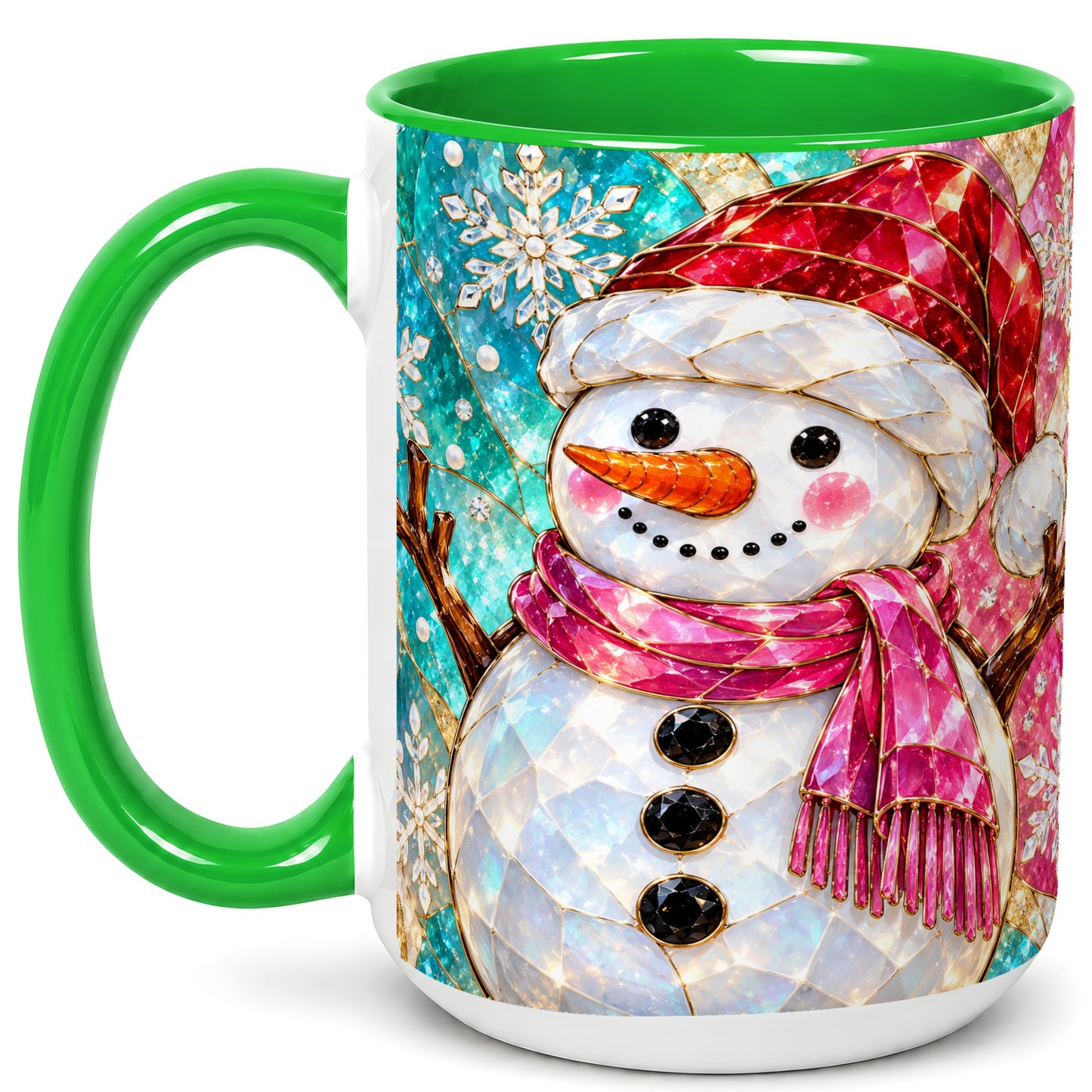 #pl[15oz|Green] Stained Glass Snowman Coffee Mug, Winter Holiday Mug, Ceramic Cup