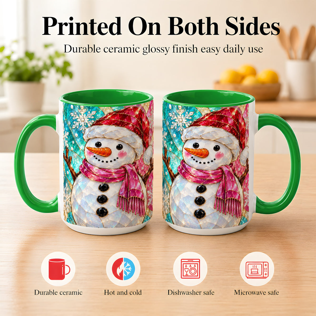 #pl[15oz|Green] Stained Glass Snowman Coffee Mug, Winter Holiday Mug, Ceramic Cup