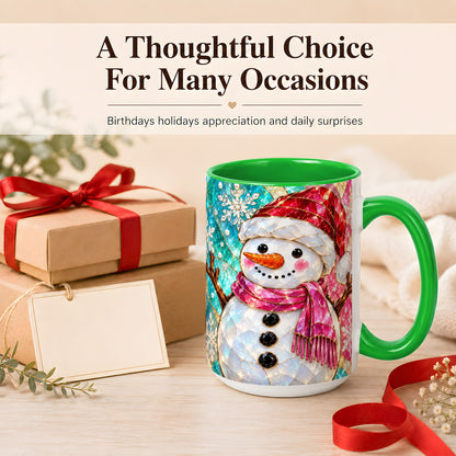 #pl[15oz|Green] Stained Glass Snowman Coffee Mug, Winter Holiday Mug, Ceramic Cup