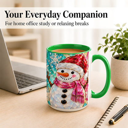 #pl[15oz|Green] Stained Glass Snowman Coffee Mug, Winter Holiday Mug, Ceramic Cup