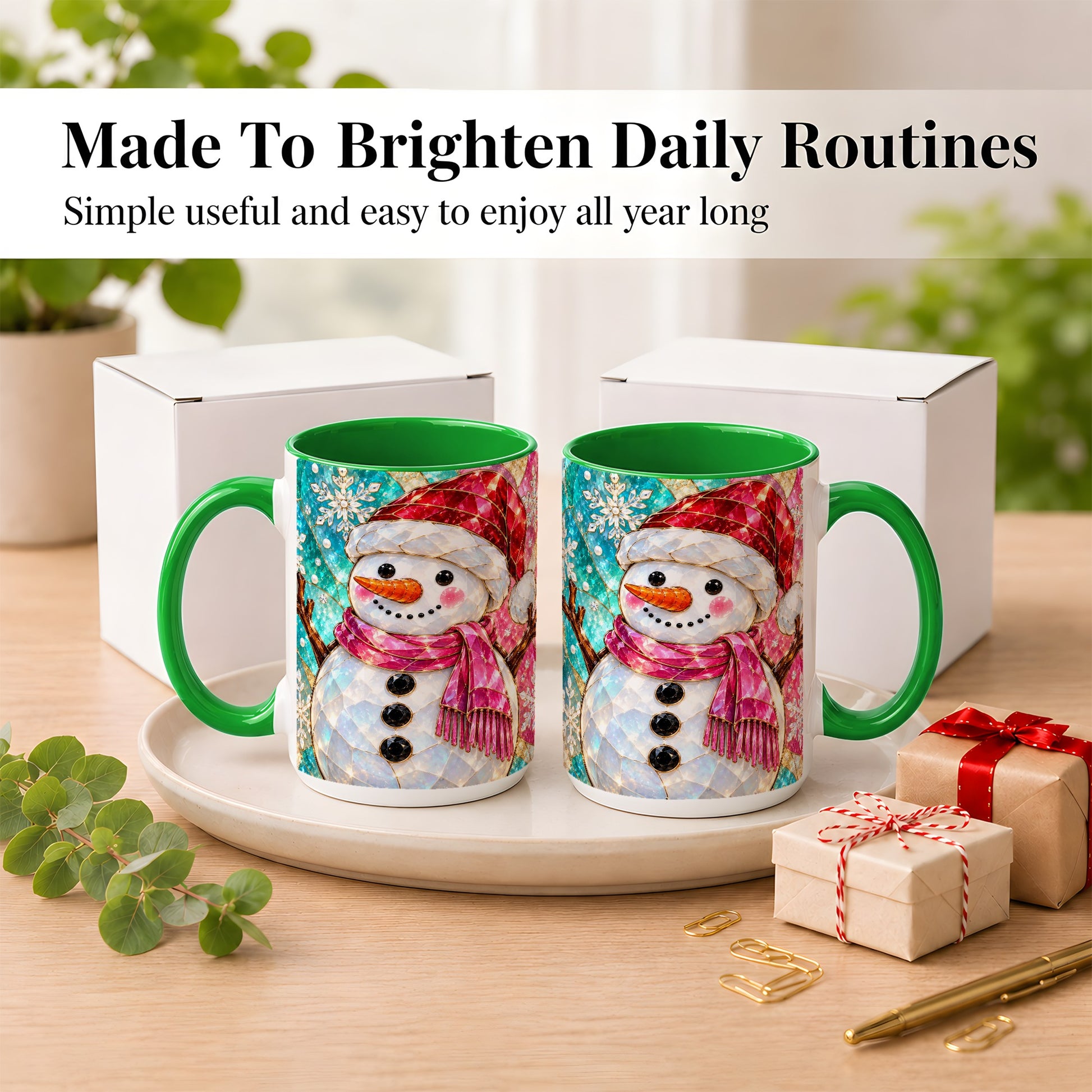 #pl[15oz|Green] Stained Glass Snowman Coffee Mug, Winter Holiday Mug, Ceramic Cup