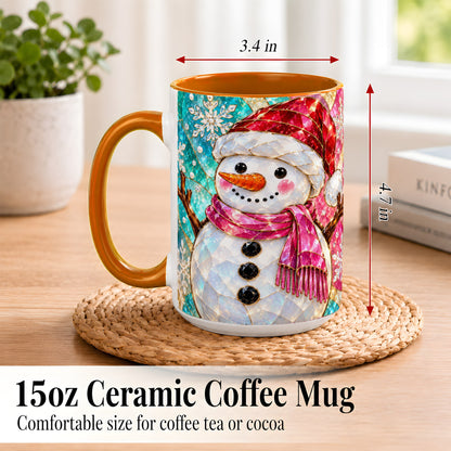 #pl[15oz|Orange] Stained Glass Snowman Coffee Mug, Winter Holiday Mug, Ceramic Cup