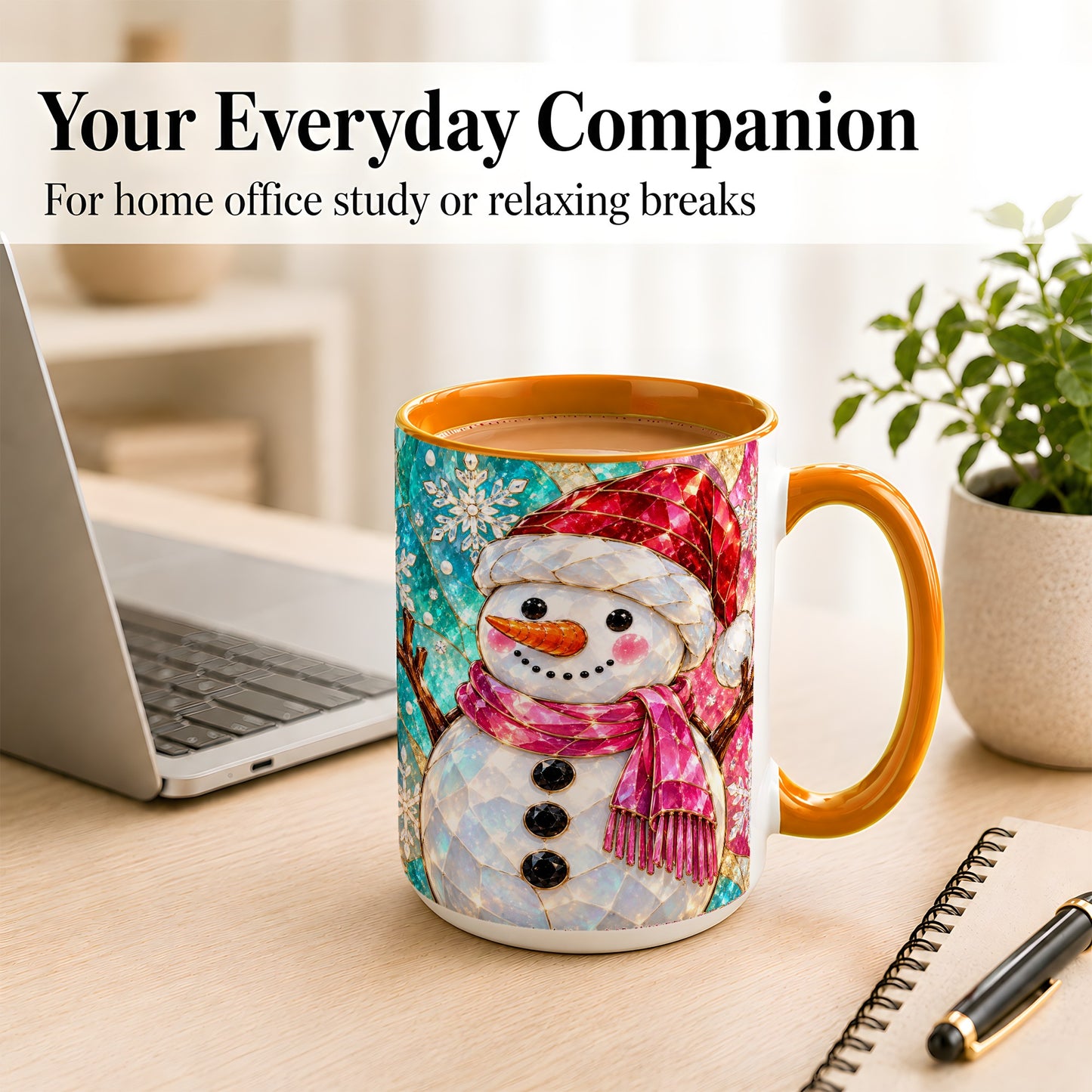 #pl[15oz|Orange] Stained Glass Snowman Coffee Mug, Winter Holiday Mug, Ceramic Cup
