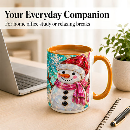 #pl[15oz|Orange] Stained Glass Snowman Coffee Mug, Winter Holiday Mug, Ceramic Cup