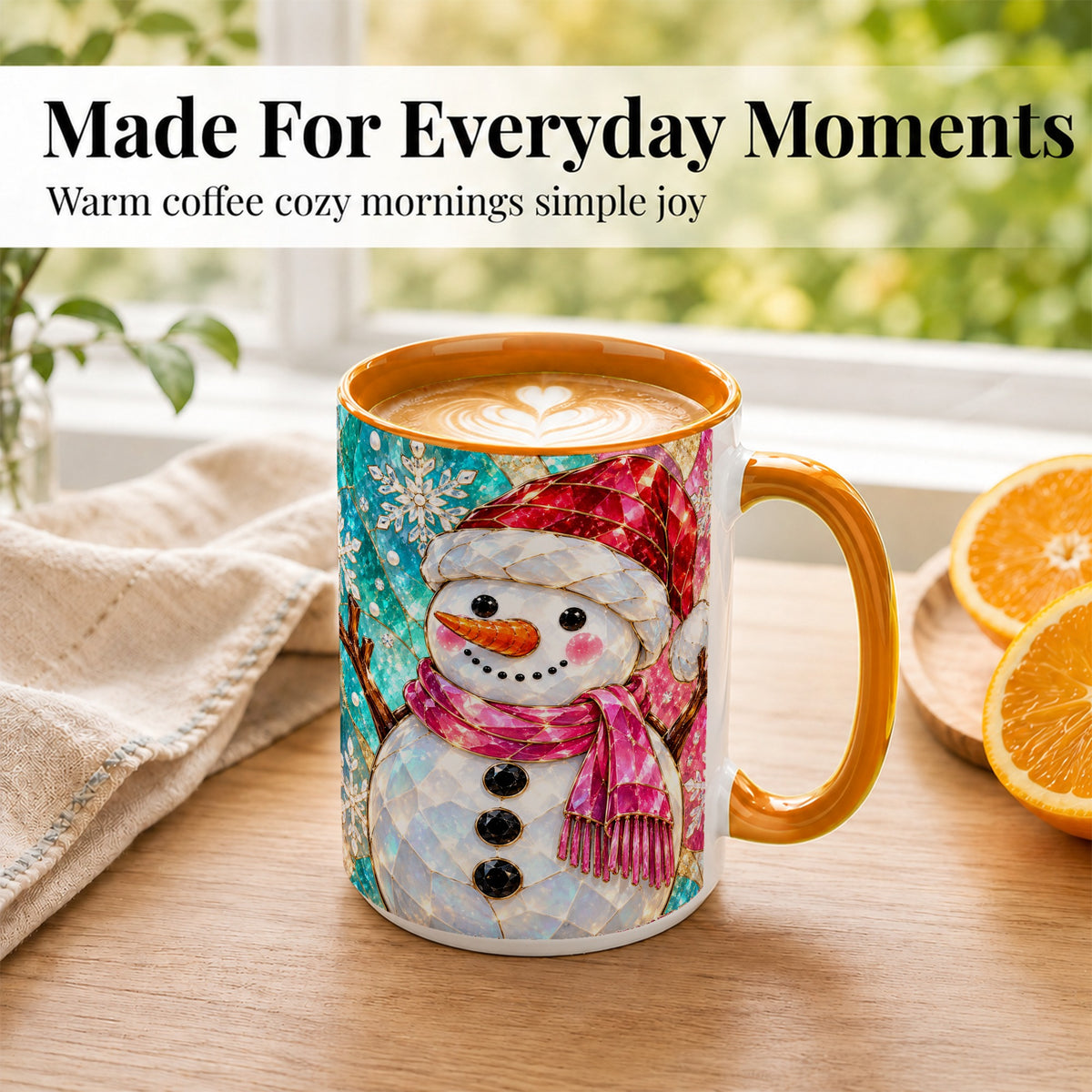 #pl[15oz|Orange] Stained Glass Snowman Coffee Mug, Winter Holiday Mug, Ceramic Cup