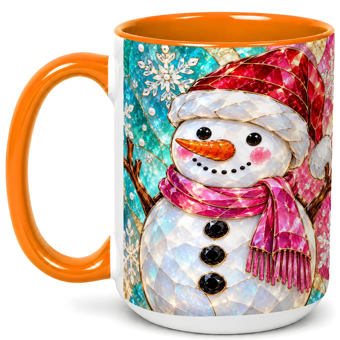 #pl[15oz|Orange] Stained Glass Snowman Coffee Mug, Winter Holiday Mug, Ceramic Cup