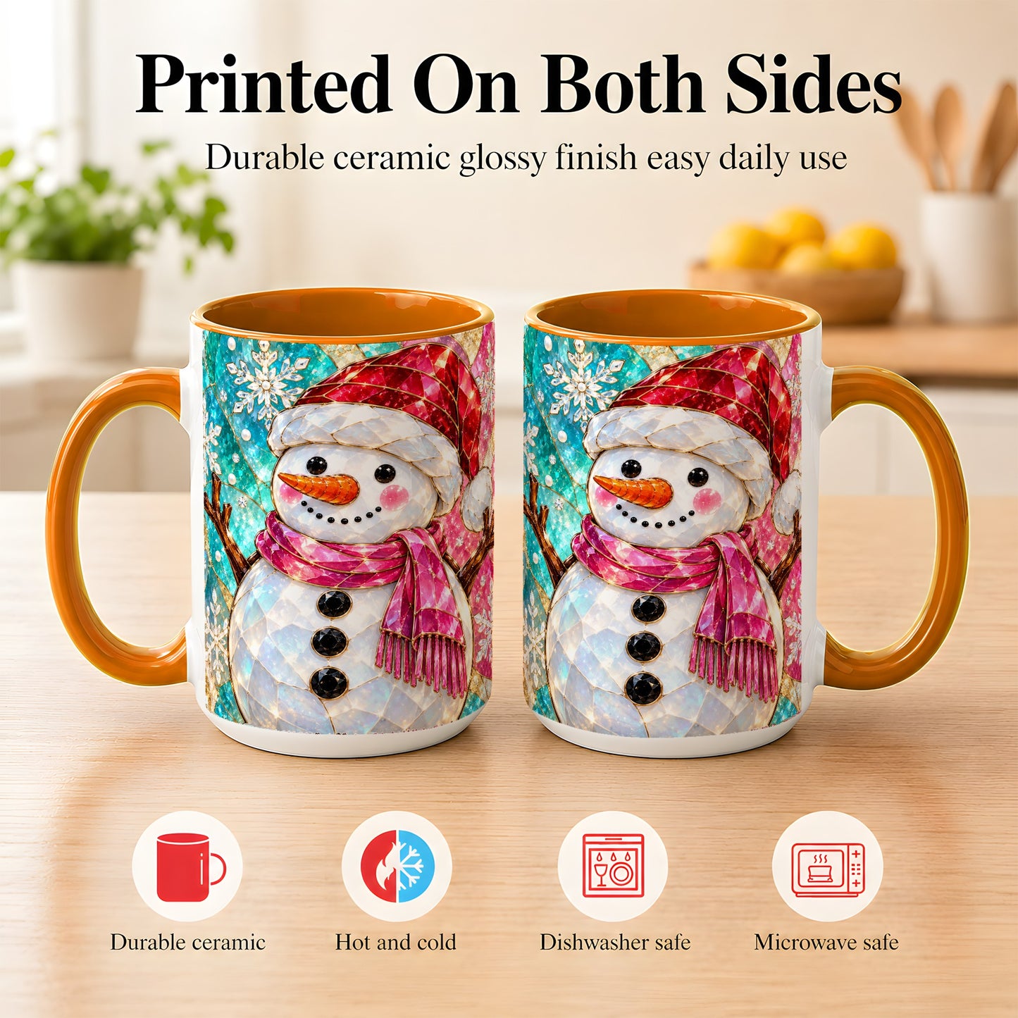 #pl[15oz|Orange] Stained Glass Snowman Coffee Mug, Winter Holiday Mug, Ceramic Cup