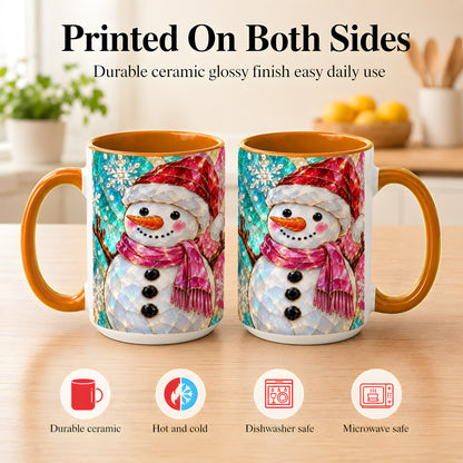 #pl[15oz|Orange] Stained Glass Snowman Coffee Mug, Winter Holiday Mug, Ceramic Cup