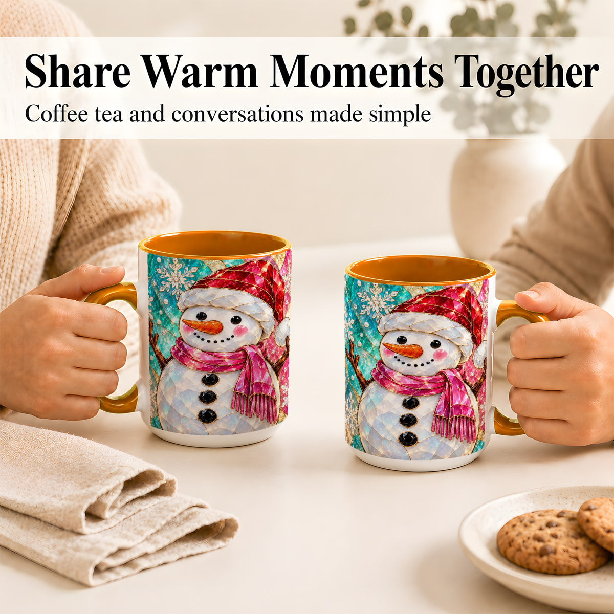 #pl[15oz|Orange] Stained Glass Snowman Coffee Mug, Winter Holiday Mug, Ceramic Cup