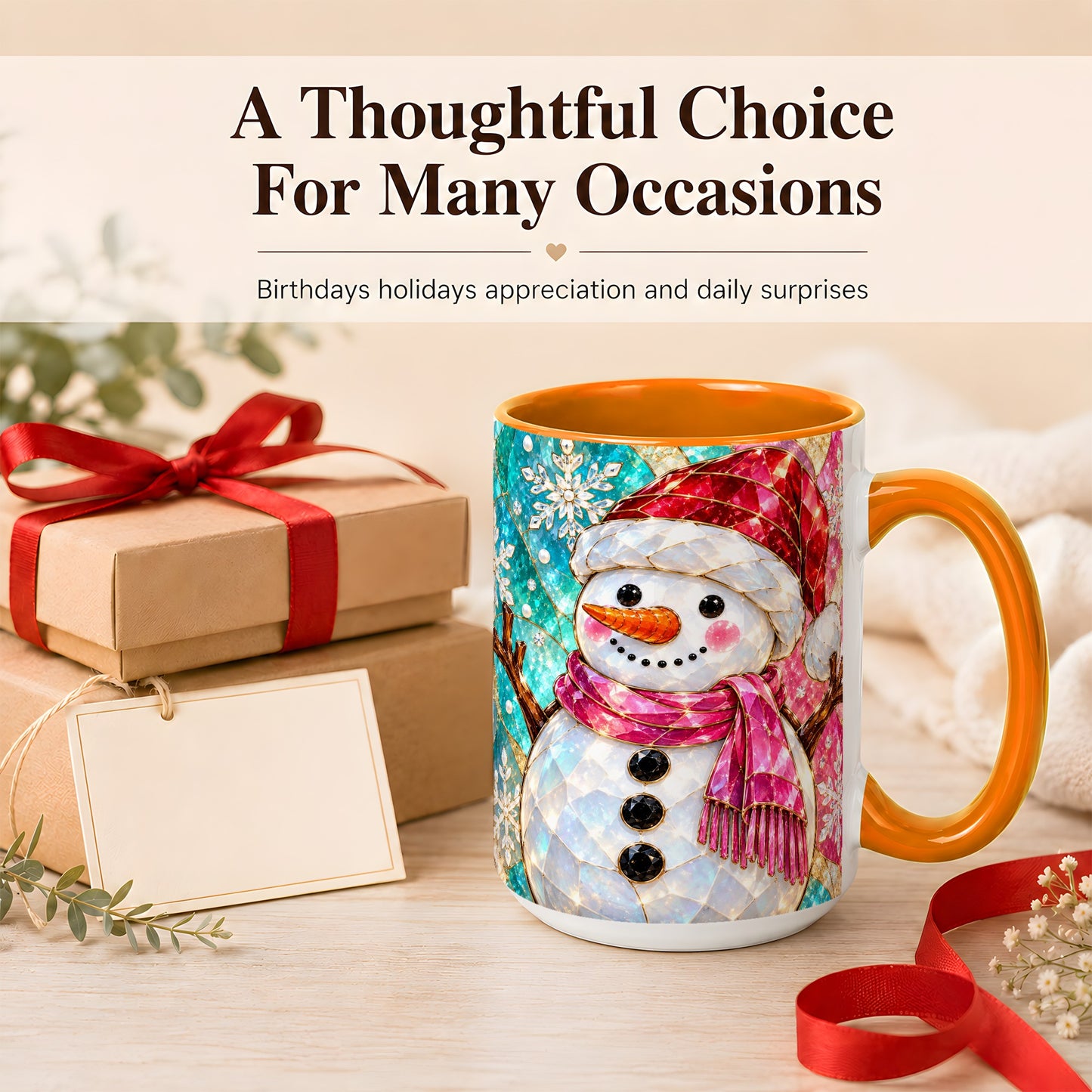 #pl[15oz|Orange] Stained Glass Snowman Coffee Mug, Winter Holiday Mug, Ceramic Cup