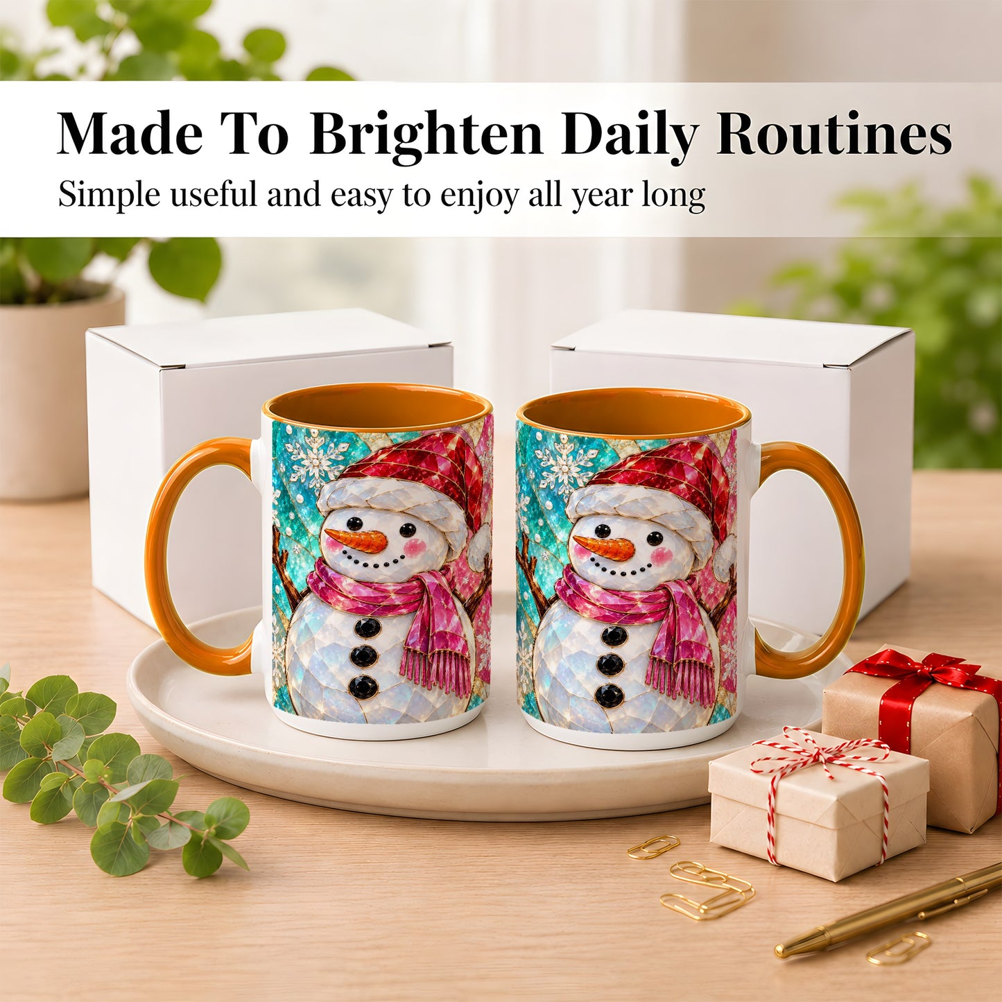 #pl[15oz|Orange] Stained Glass Snowman Coffee Mug, Winter Holiday Mug, Ceramic Cup