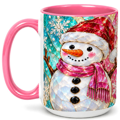 #pl[15oz|Pink] Stained Glass Snowman Coffee Mug, Winter Holiday Mug, Ceramic Cup