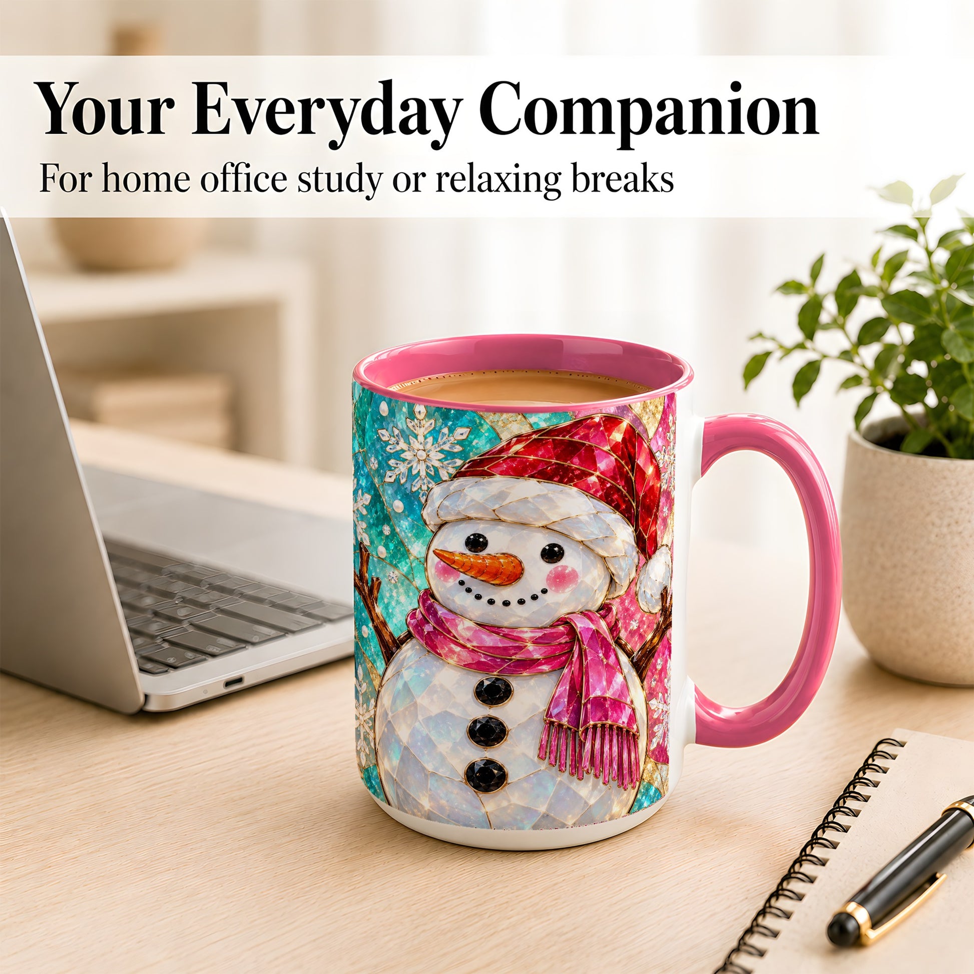 #pl[15oz|Pink] Stained Glass Snowman Coffee Mug, Winter Holiday Mug, Ceramic Cup