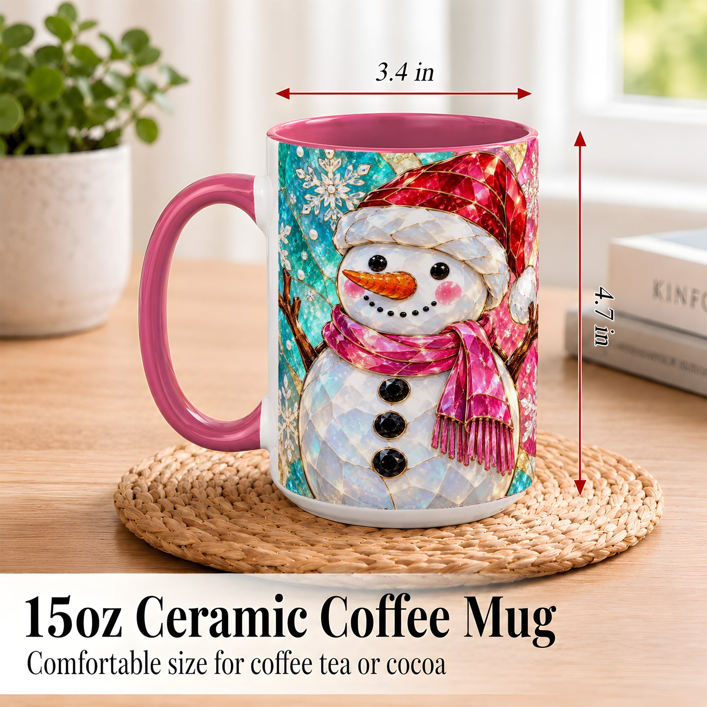 #pl[15oz|Pink] Stained Glass Snowman Coffee Mug, Winter Holiday Mug, Ceramic Cup