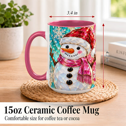 #pl[15oz|Pink] Stained Glass Snowman Coffee Mug, Winter Holiday Mug, Ceramic Cup