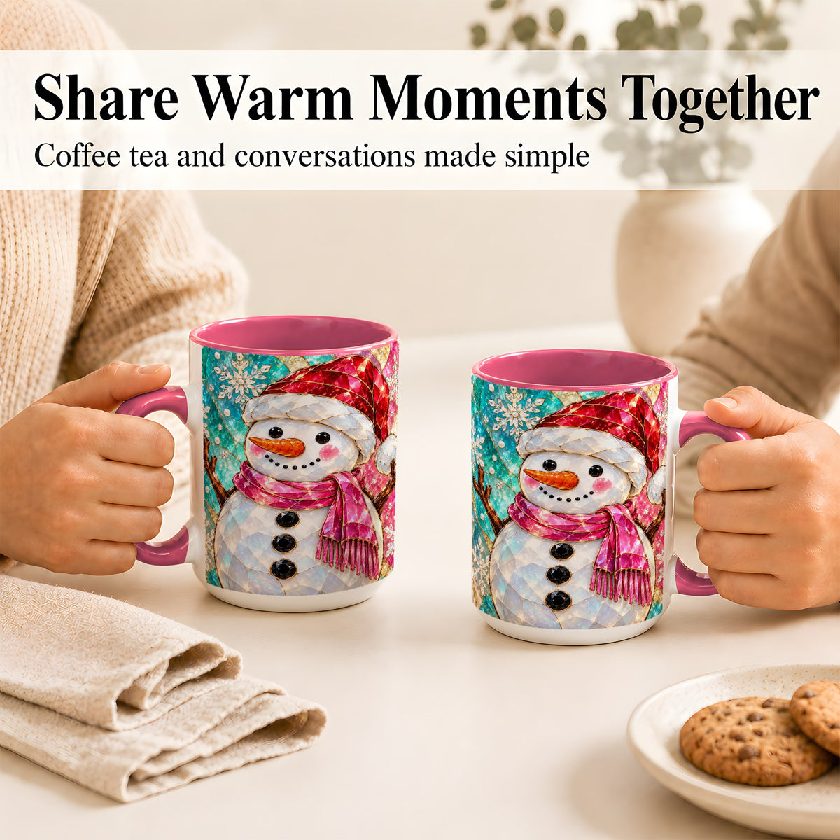 #pl[15oz|Pink] Stained Glass Snowman Coffee Mug, Winter Holiday Mug, Ceramic Cup